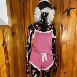 NEW Red with Cream Lace trim Ladies Teen Pajama PJs set 2 Piece Tank & Shorts M